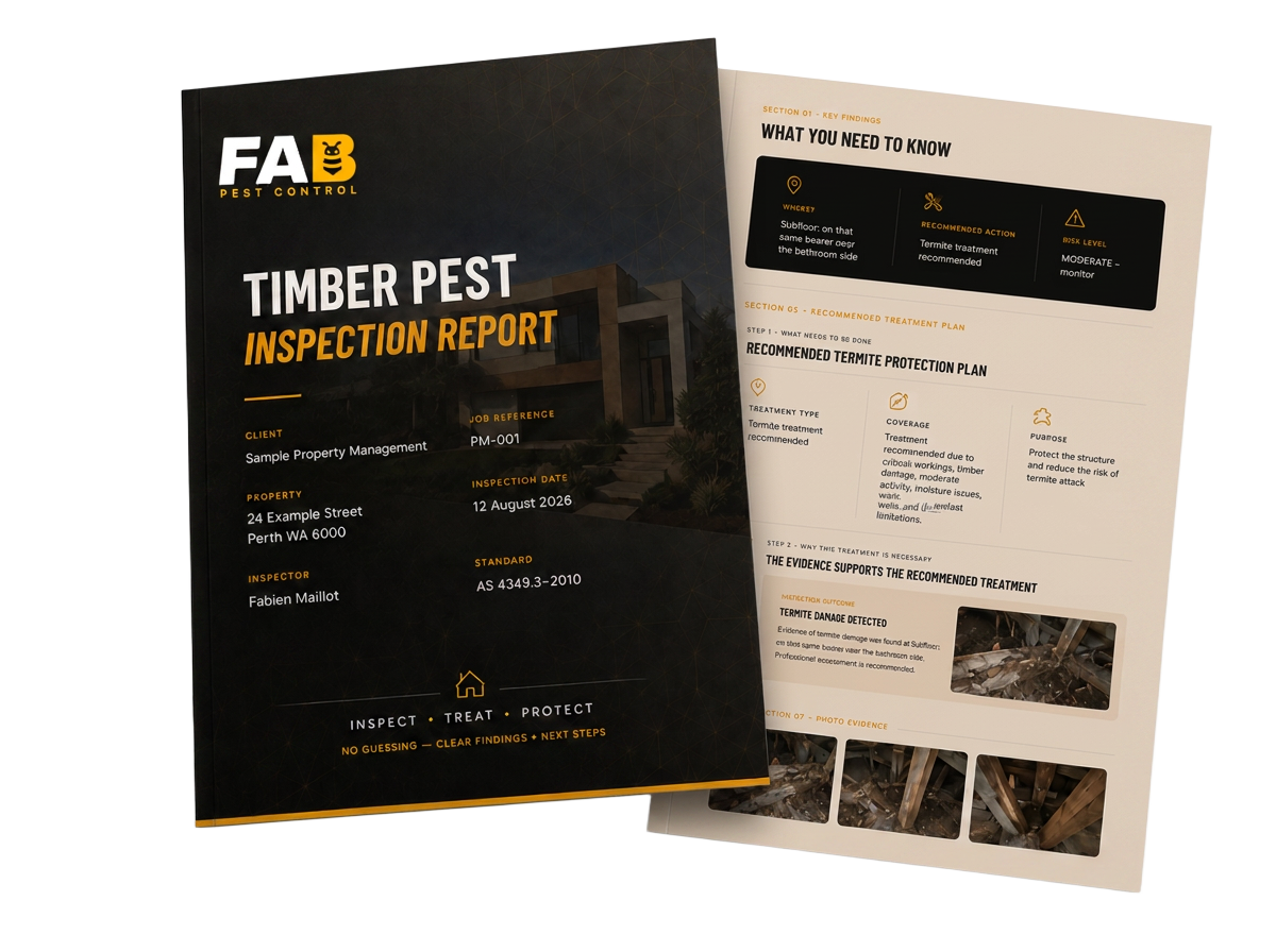 Sample FAB Timber Pest Inspection Report — cover and findings page with photo evidence.