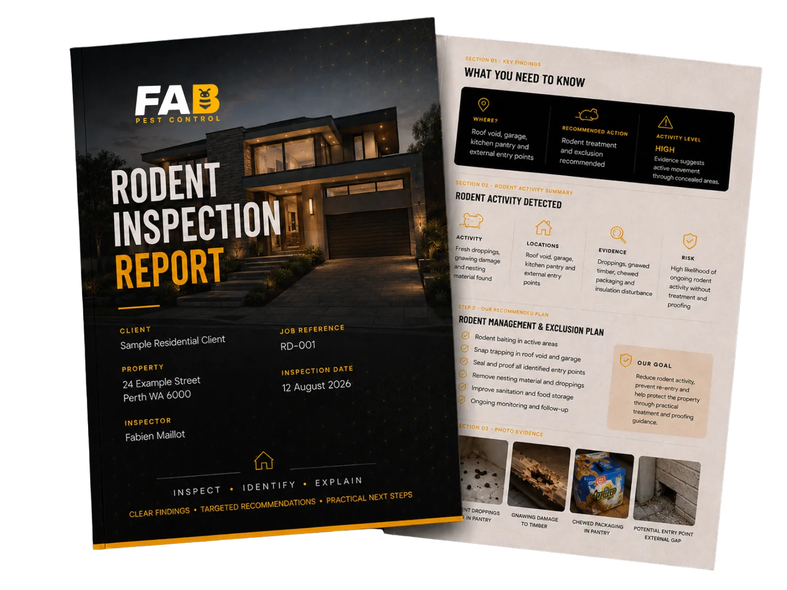 Sample FAB Timber Pest Inspection Report — cover and findings page with photo evidence.