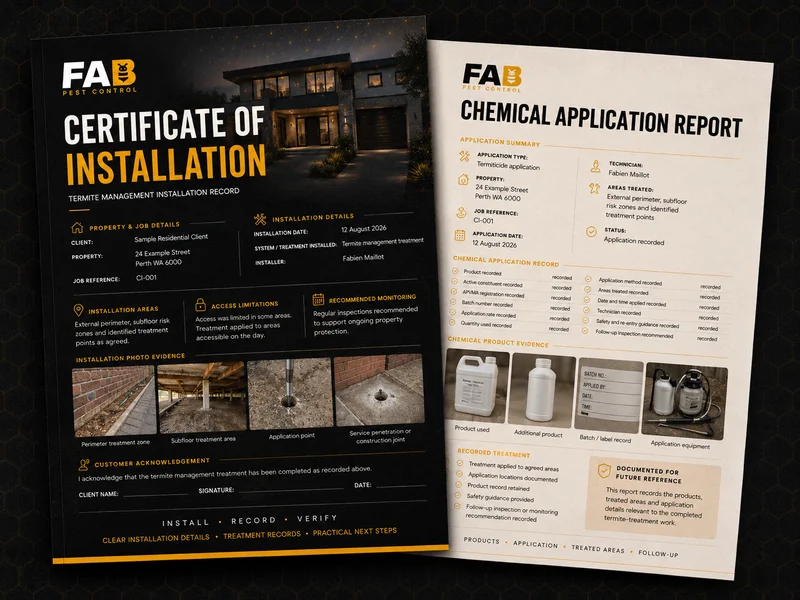 FAB Pest Control termite treatment documentation: Certificate of Installation and Chemical Application Report