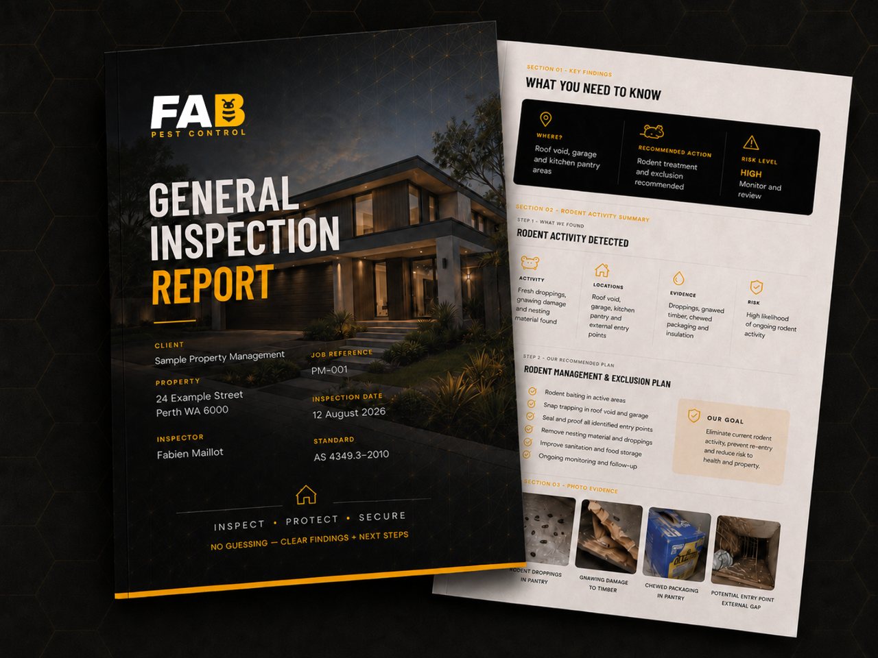 FAB Pest Control General Inspection Report showing key findings, photographed evidence and treatment recommendations.