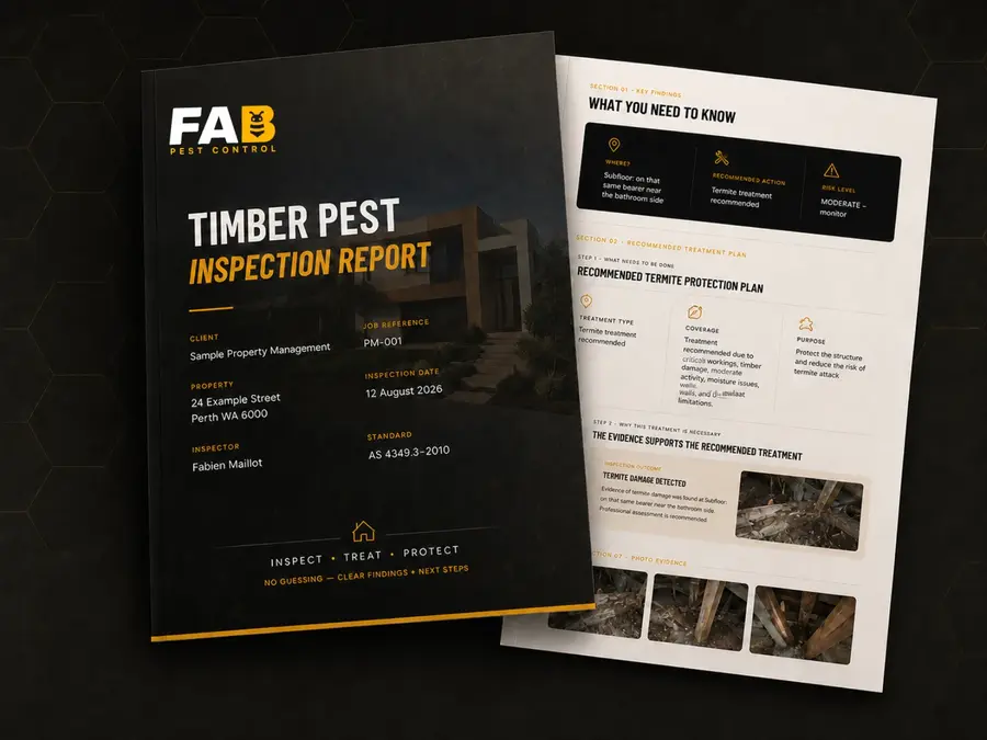 FAB Pest Control timber pest inspection report showing key findings, risk assessment, photographs and recommendations